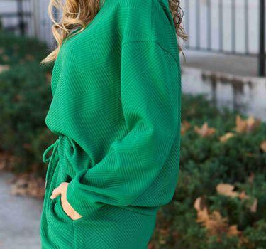 Double Take Full Size Textured Long Sleeve Top and Drawstring Pants Set