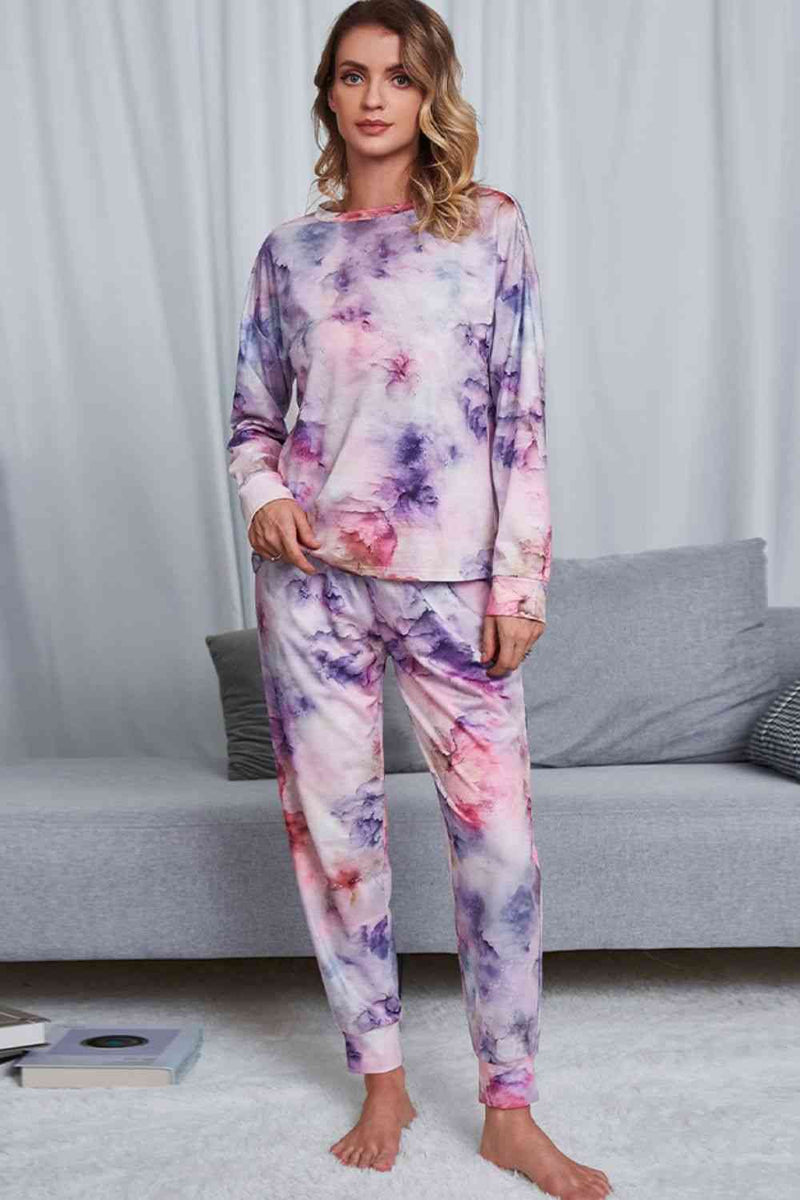 Tie-Dye Crewneck Top and Drawstring Waist Joggers Lounge Set Lounge Set Pink Lavender S 