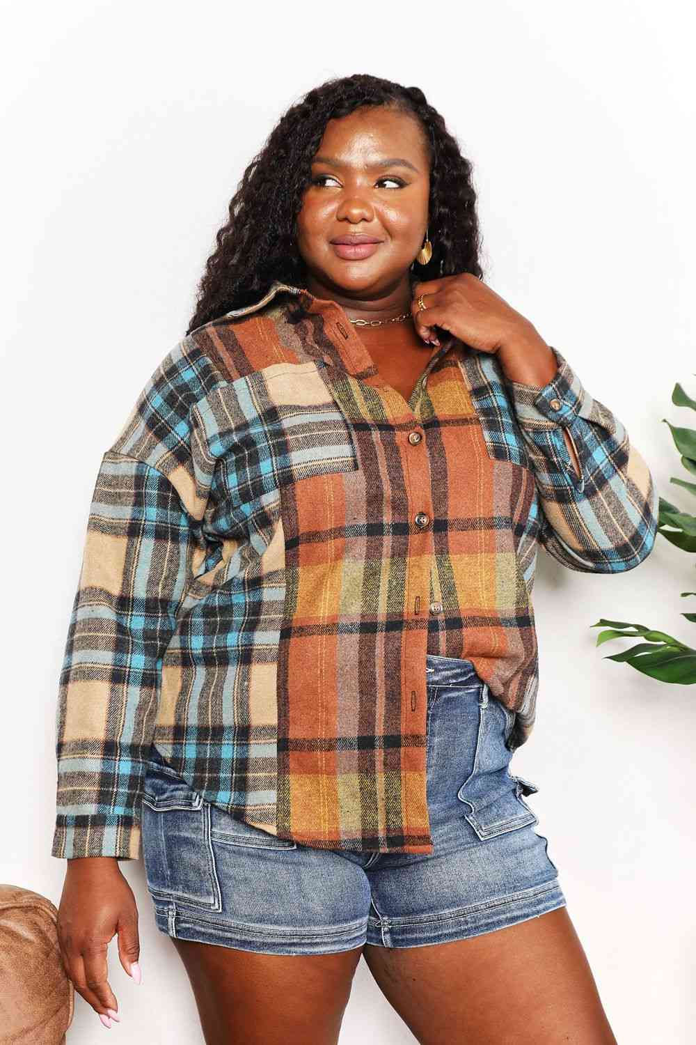 Double Take Plaid Curved Hem Shirt Jacket with Breast Pockets Shacket   