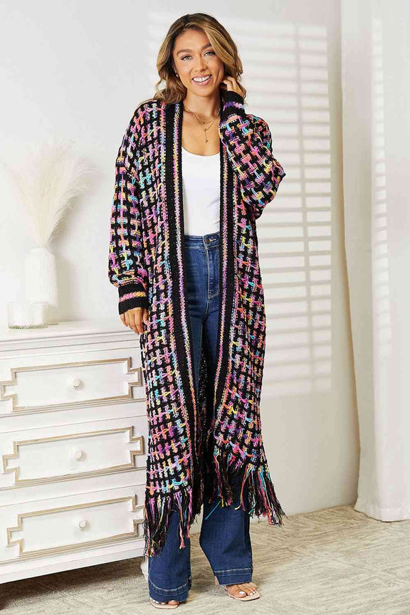 Double Take Multicolored Open Front Fringe Hem Cardigan Cardigan   