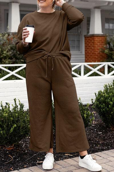 Double Take Full Size Textured Long Sleeve Top and Drawstring Pants Set - Three Mad Hatters Mercantile 