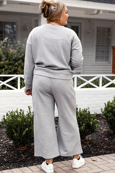 Double Take Full Size Textured Long Sleeve Top and Drawstring Pants Set - Three Mad Hatters Mercantile 