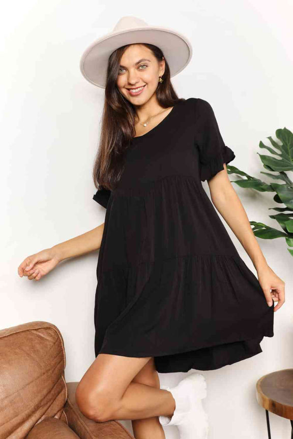 Double Take V-Neck Flounce Sleeve Tiered Dress Womens Tiered Dress Black S 