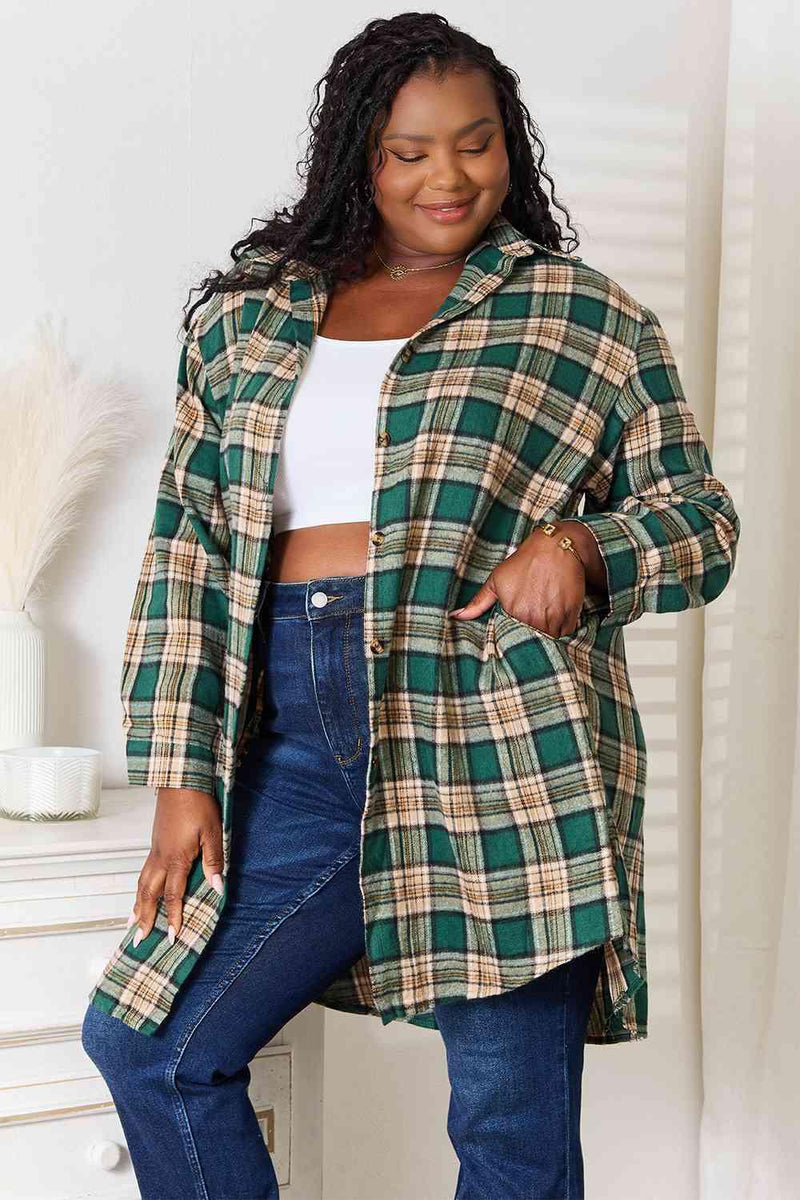 Double Take Plaid Collared Neck Long Sleeve Shirt - Three Mad Hatters Mercantile 