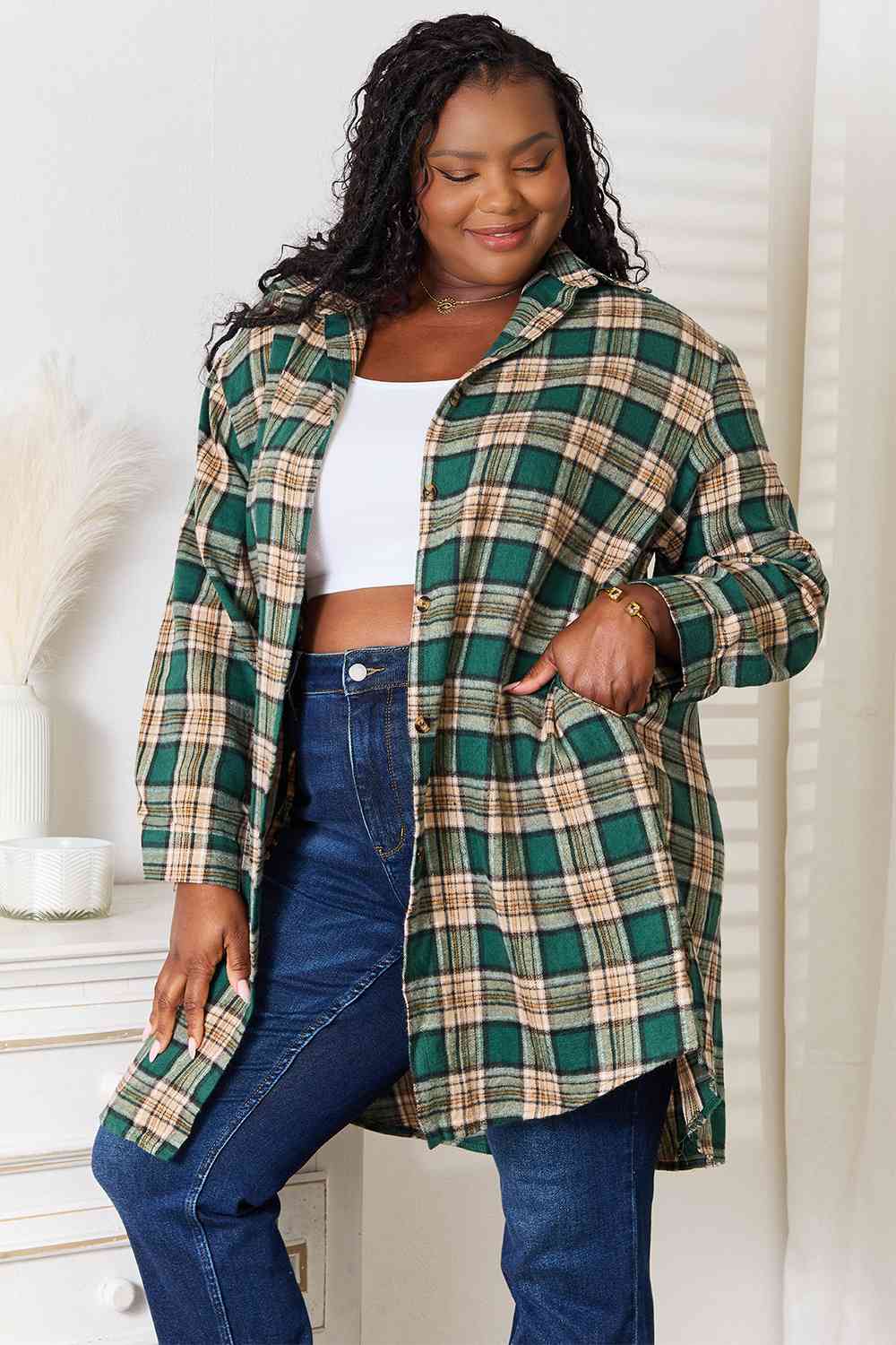 Double Take Plaid Collared Neck Long Sleeve Shirt    