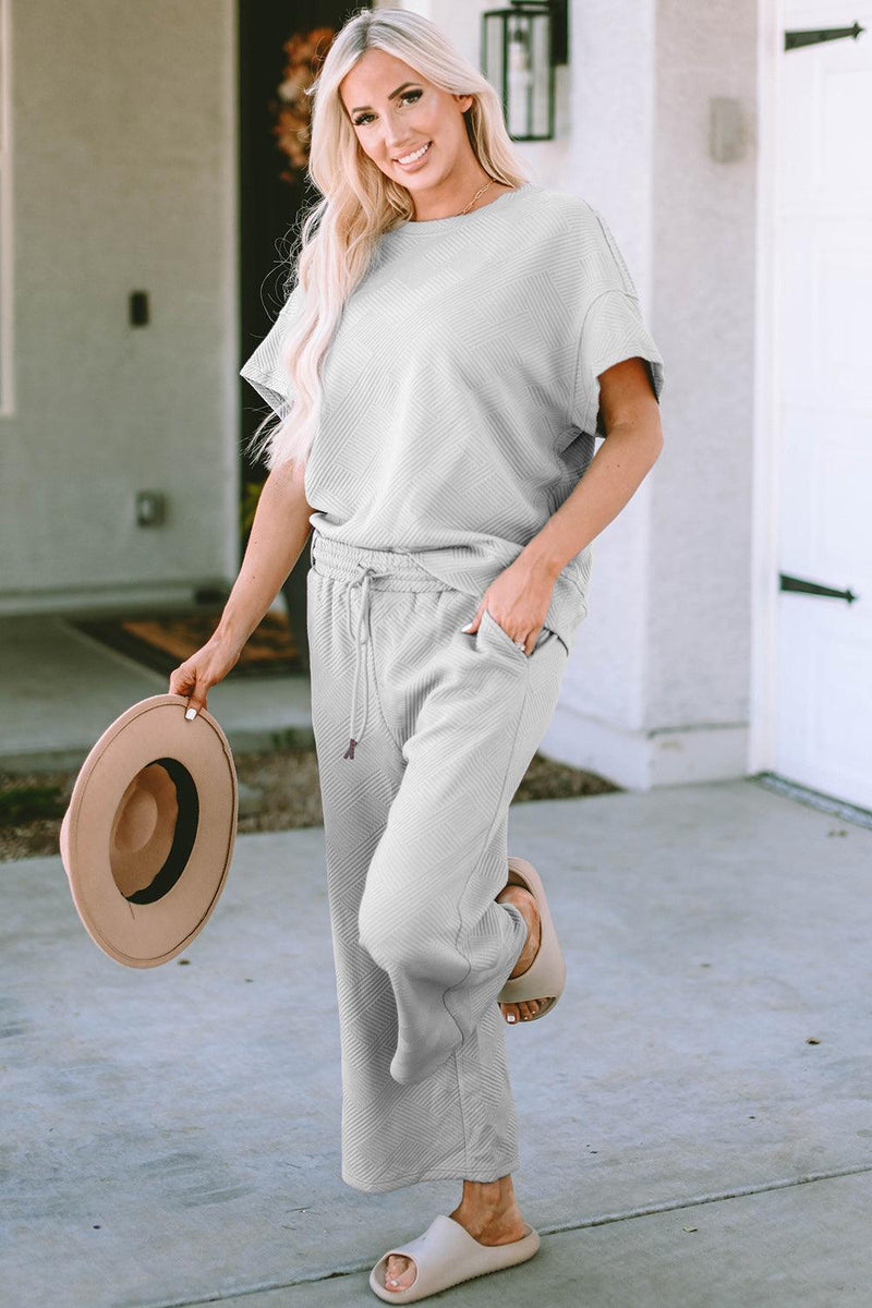 Double Take Texture Short Sleeve Top and Pants Set - Three Mad Hatters Mercantile 