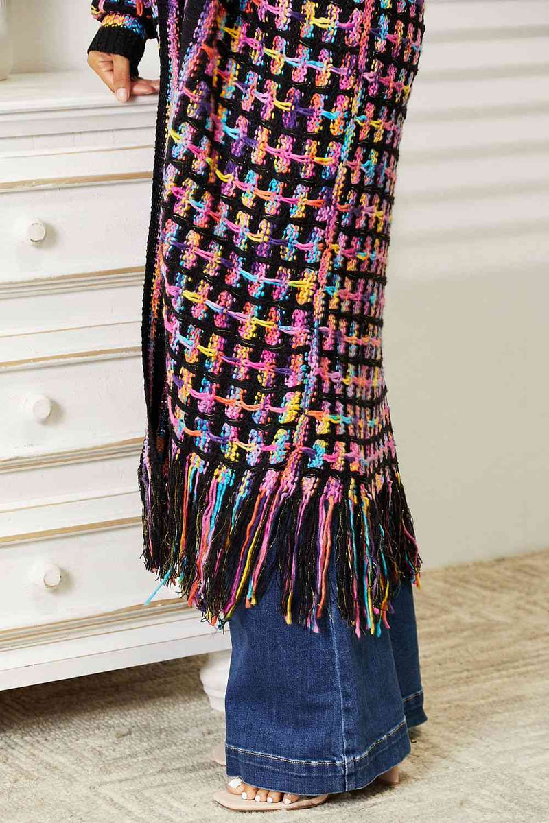 Double Take Multicolored Open Front Fringe Hem Cardigan Cardigan   