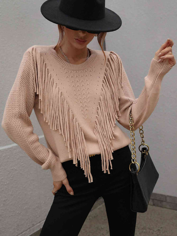 Double Take Fringe Detail Ribbed Trim Sweater Sweater Peach S 