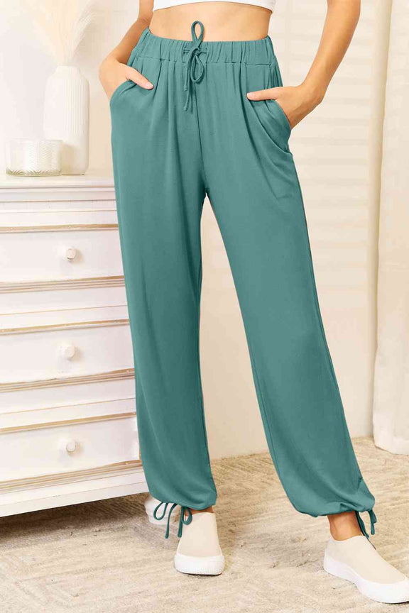 Basic Bae  Soft Rayon Drawstring Waist Pants with Pockets Drawstring Pants Teal S 