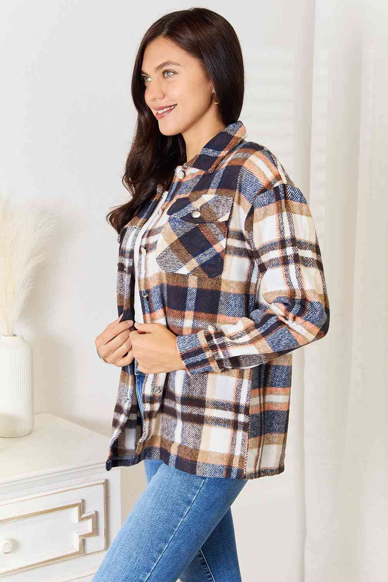 Double Take Plaid Button Front Shirt Jacket with Breast Pockets Shacket   