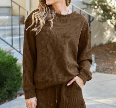 Double Take Full Size Texture Long Sleeve Top and Drawstring Shorts Set