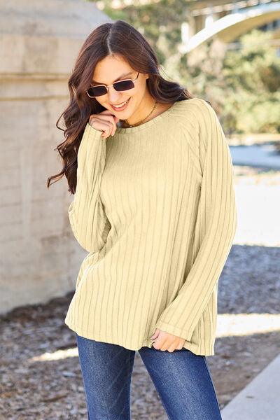Basic Bae Full Size Ribbed Round Neck Long Sleeve Knit Top - Three Mad Hatters Mercantile 