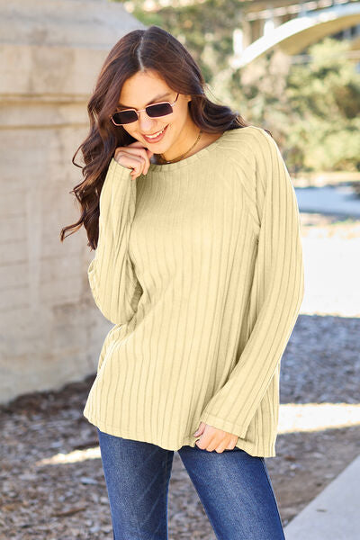 Basic Bae Full Size Ribbed Round Neck Long Sleeve Knit Top Womens Long Sleeve Shirt Pastel Yellow S 