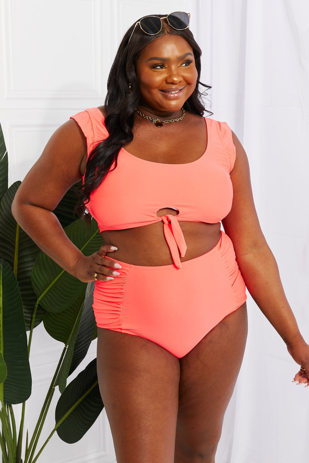 Marina West Swim Sanibel Crop Swim Top and Ruched Bottoms Set in Coral Womens Swimsuit   