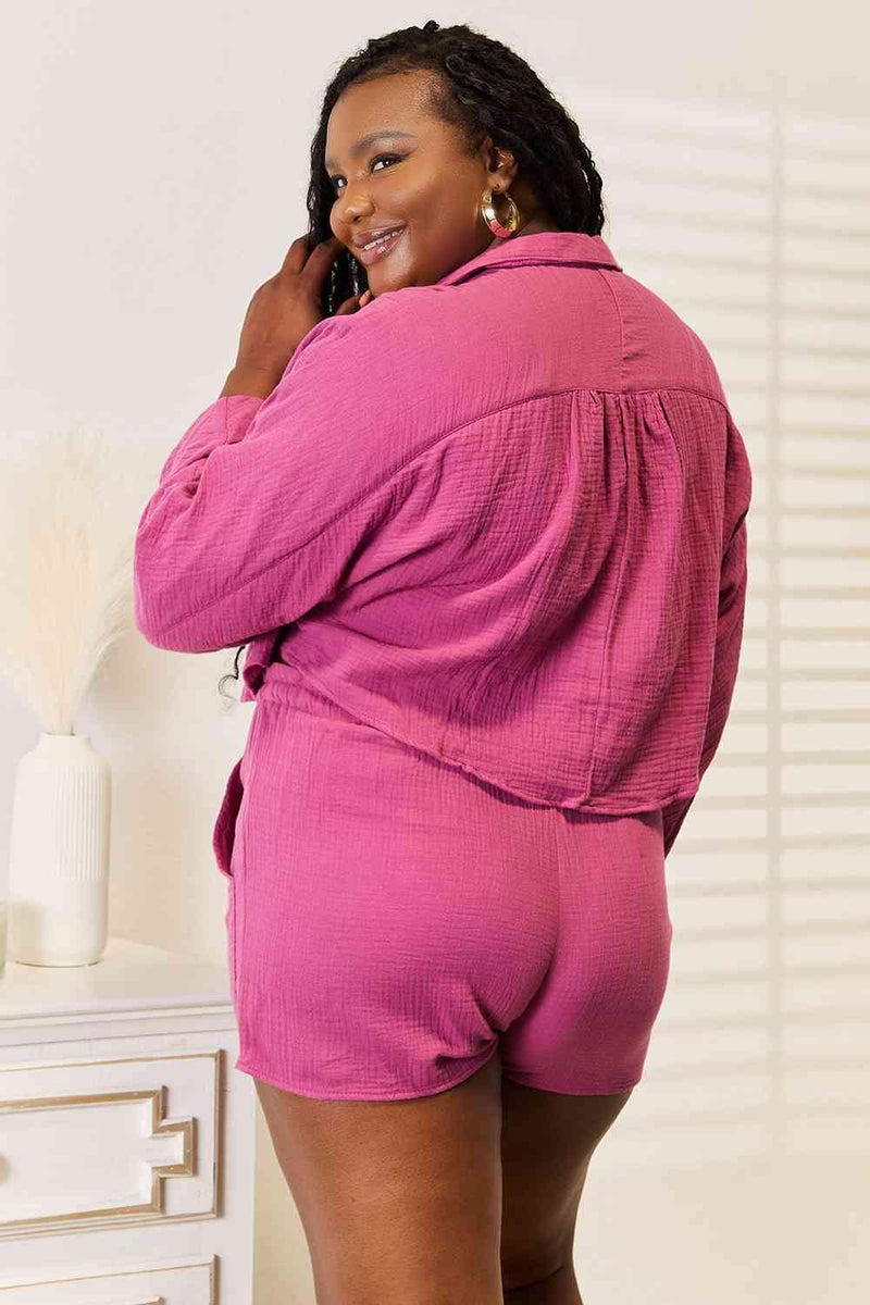 Basic Bae Buttoned Long Sleeve Top and Shorts Set - Three Mad Hatters Mercantile 
