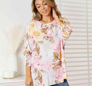 Double Take Floral Round Neck Three-Quarter Sleeve Top