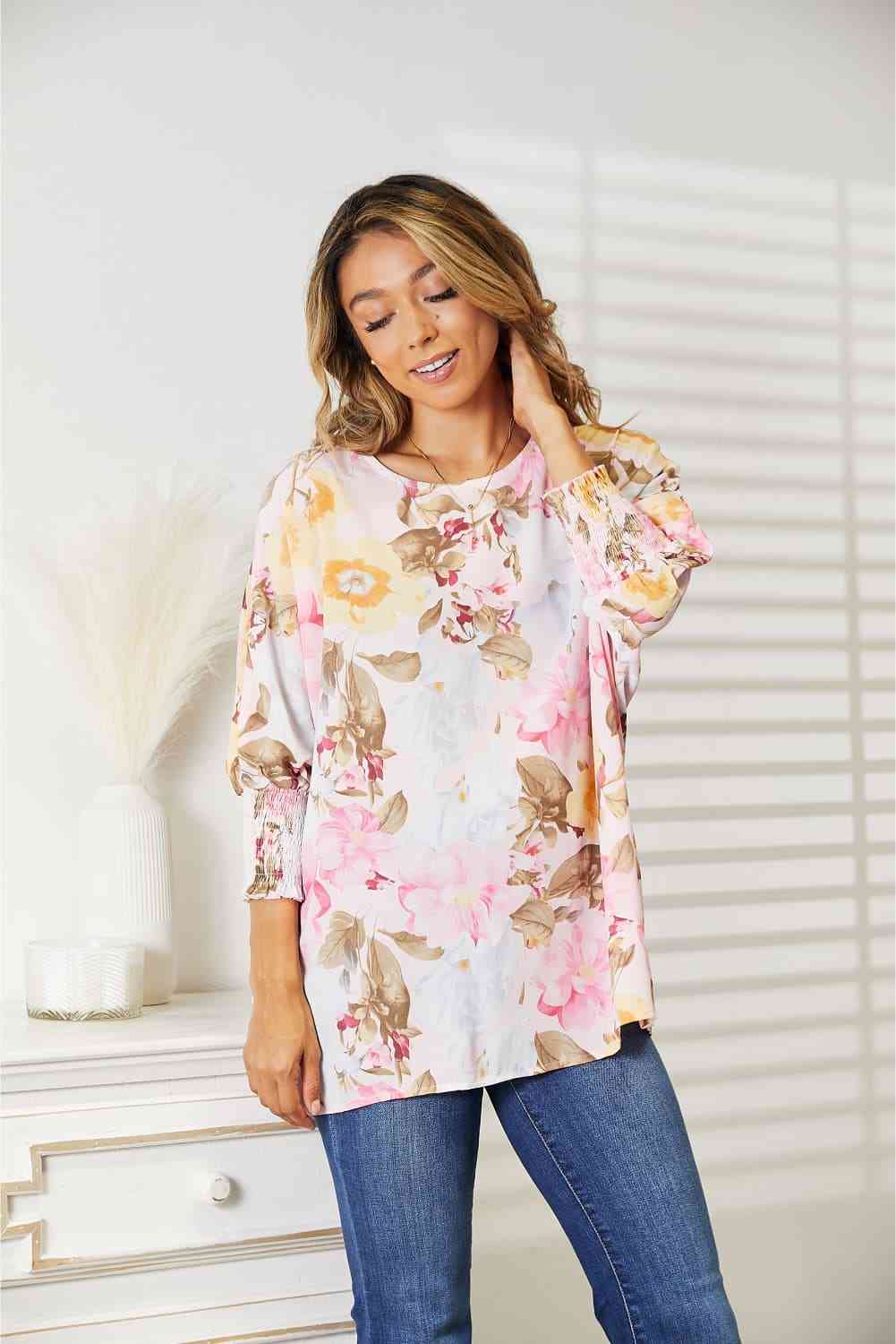 Double Take Floral Round Neck Three-Quarter Sleeve Top Womens Blouse   