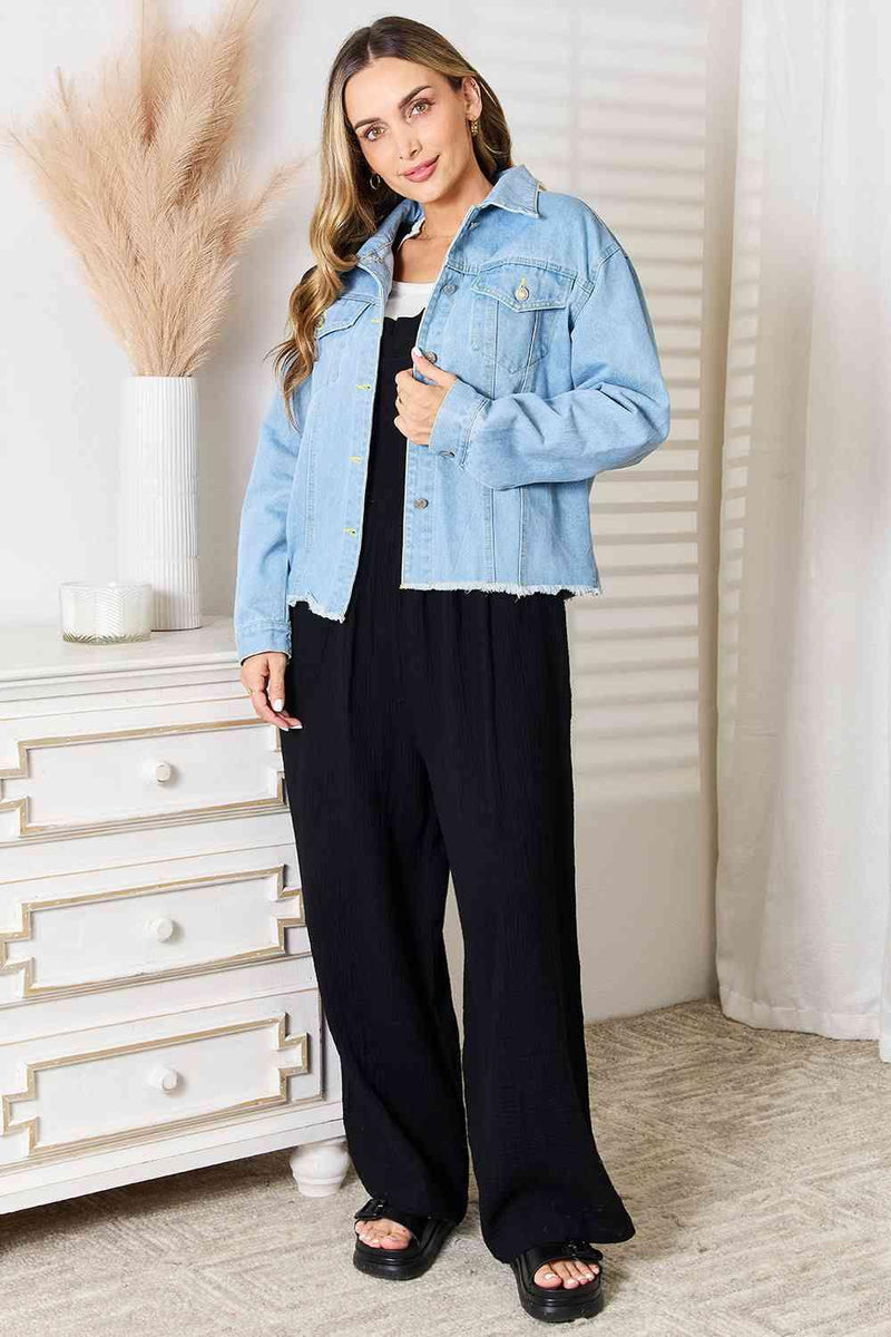 Double Take Dropped Shoulder Raw Hem Denim Jacket - Three Mad Hatters Mercantile 