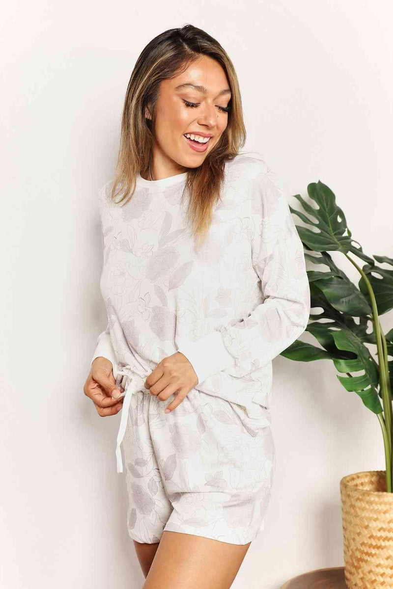 Double Take Floral Long Sleeve Top and Shorts Loungewear Set - Three Mad Hatters Mercantile 