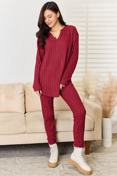 Basic Bae Full Size Notched Long Sleeve Top and Pants Set Activewear Set   