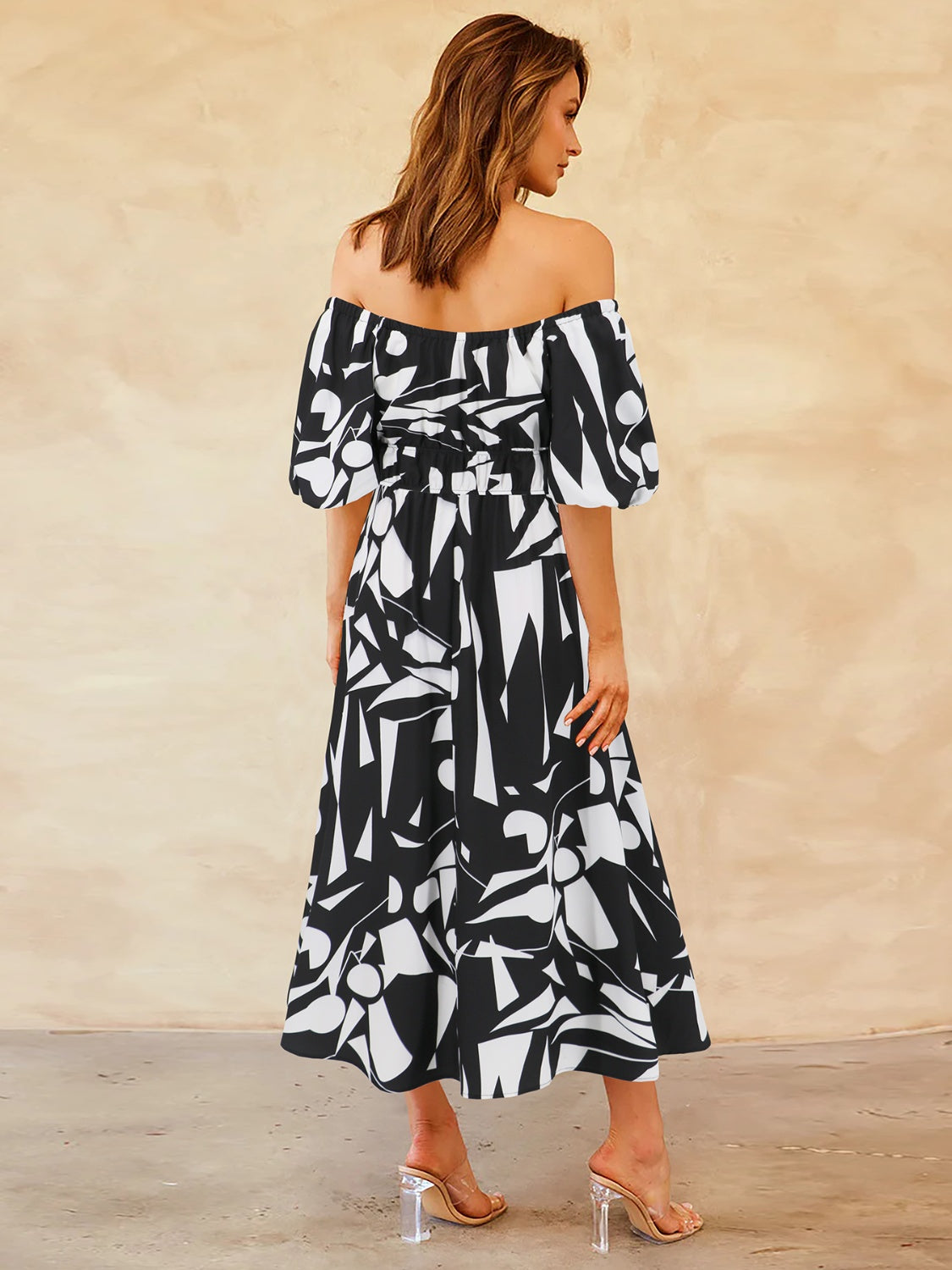 Printed Off-Shoulder Balloon Sleeve Dress Womens Midi Dress   