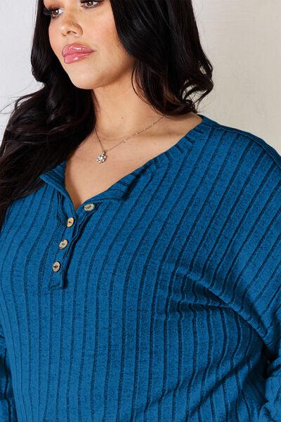 Basic Bae Full Size Ribbed Half Button Long Sleeve T-Shirt - Three Mad Hatters Mercantile 