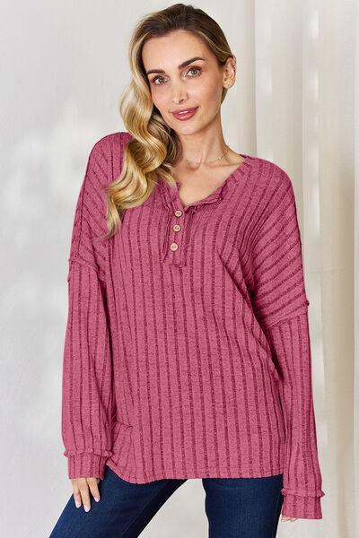 Basic Bae Full Size Ribbed Half Button Long Sleeve T-Shirt - Three Mad Hatters Mercantile 