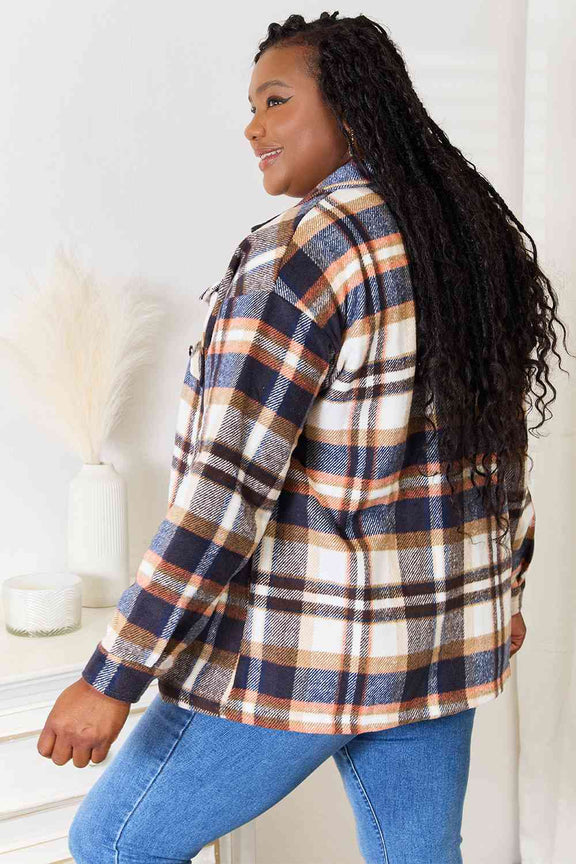 Double Take Plaid Button Front Shirt Jacket with Breast Pockets Shacket   