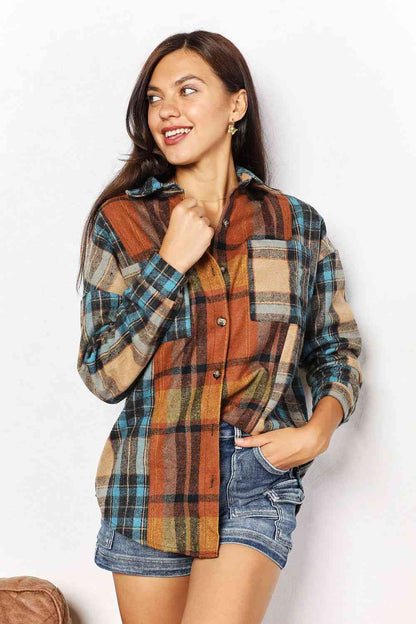 Double Take Plaid Curved Hem Shirt Jacket with Breast Pockets Shacket Plaid S 