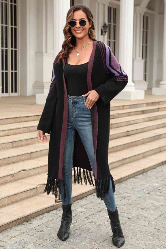 Double Take Geometric Fringe Hem Open Front Duster Cardigan Duster Cardigan   