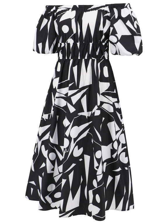 Printed Off-Shoulder Balloon Sleeve Dress Womens Midi Dress   