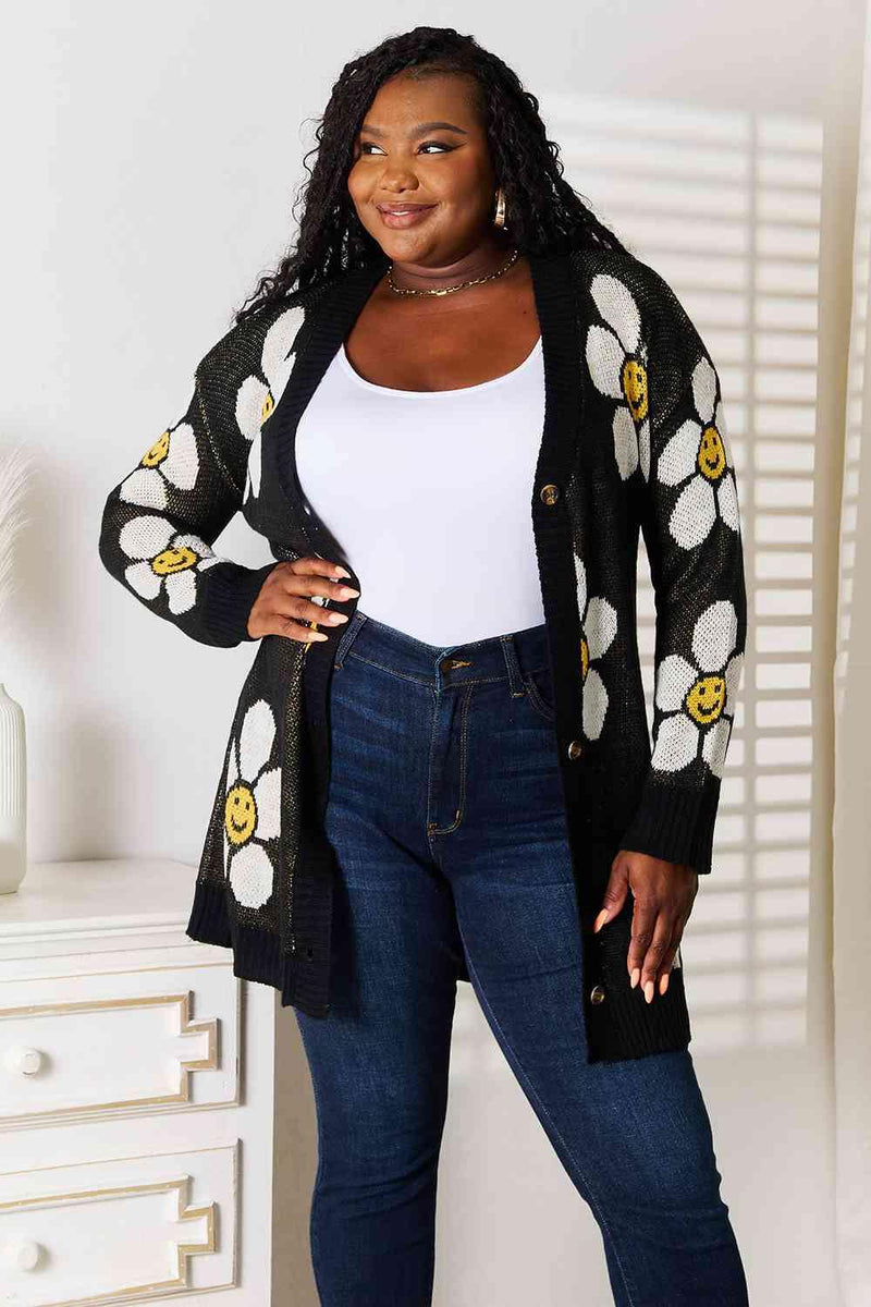 Double Take Floral Button Down Longline Cardigan - Three Mad Hatters Mercantile 