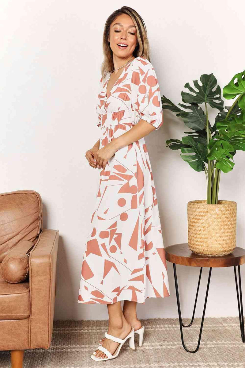Double Take Printed Surplice Balloon Sleeve Dress - Three Mad Hatters Mercantile 