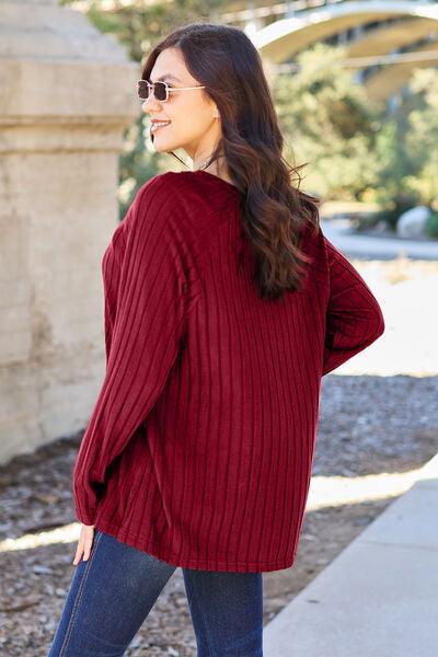 Basic Bae Full Size Ribbed Round Neck Long Sleeve Knit Top - Three Mad Hatters Mercantile 