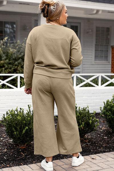 Double Take Full Size Textured Long Sleeve Top and Drawstring Pants Set - Three Mad Hatters Mercantile 