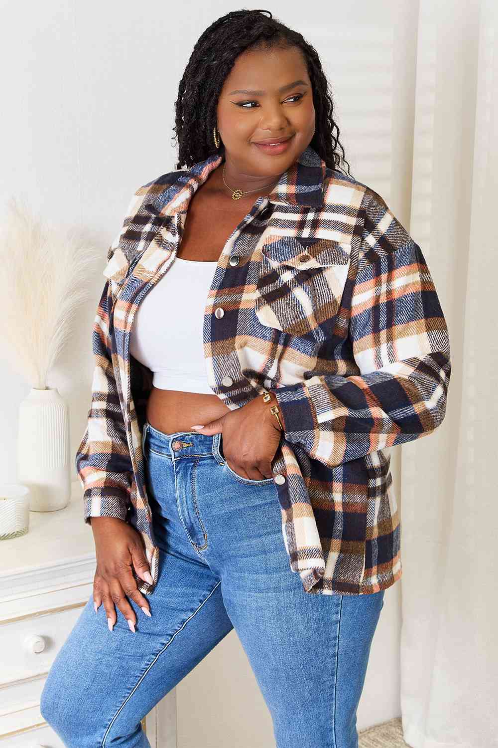 Double Take Plaid Button Front Shirt Jacket with Breast Pockets Shacket   