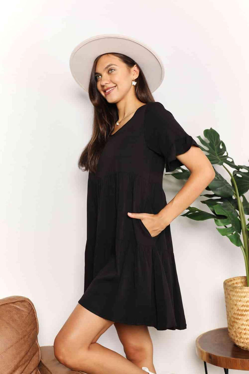 Double Take V-Neck Flounce Sleeve Tiered Dress - Three Mad Hatters Mercantile 