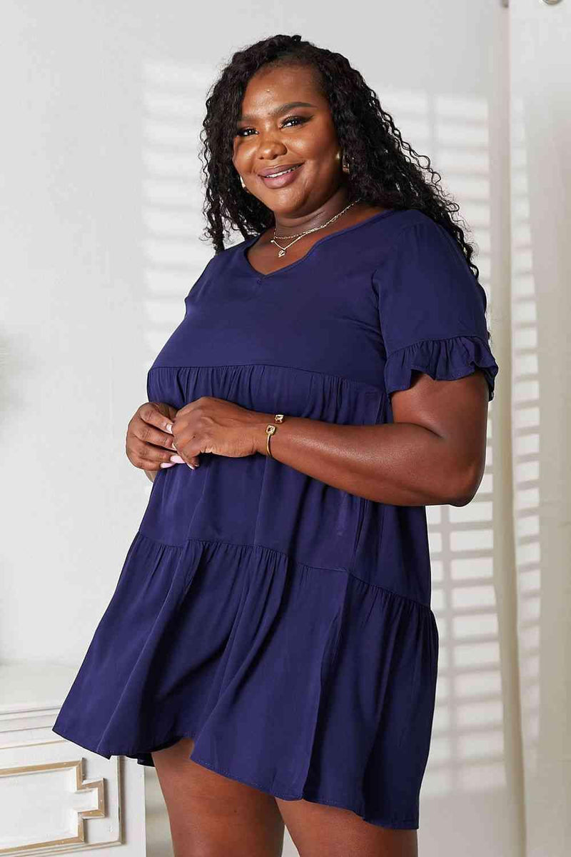 Double Take V-Neck Flounce Sleeve Tiered Dress - Three Mad Hatters Mercantile 