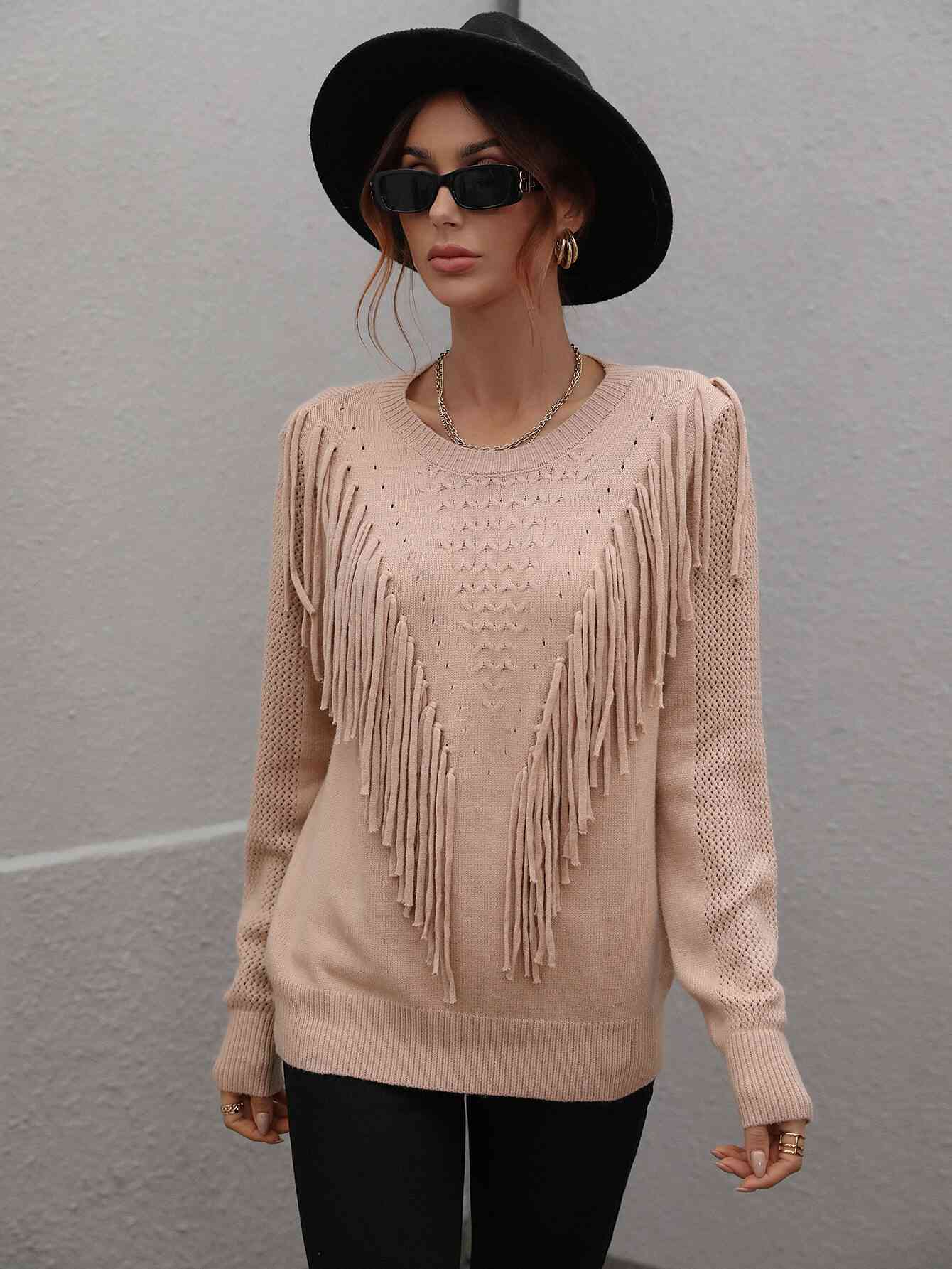 Double Take Fringe Detail Ribbed Trim Sweater Sweater   