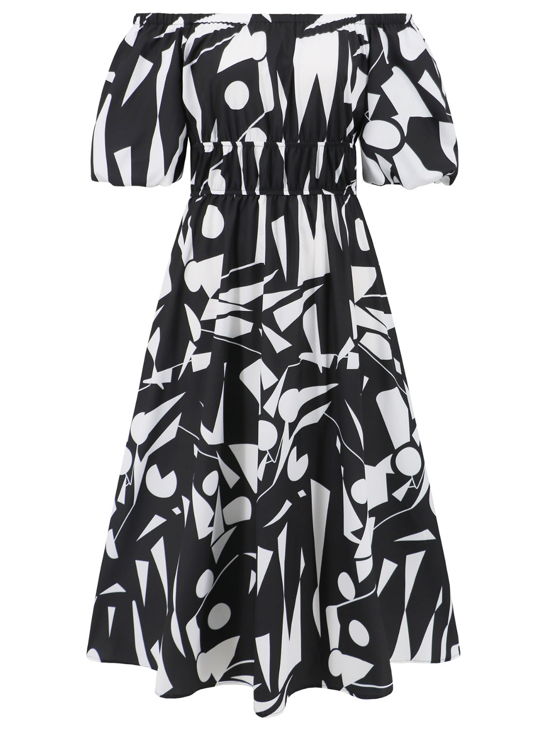 Printed Off-Shoulder Balloon Sleeve Dress Womens Midi Dress   