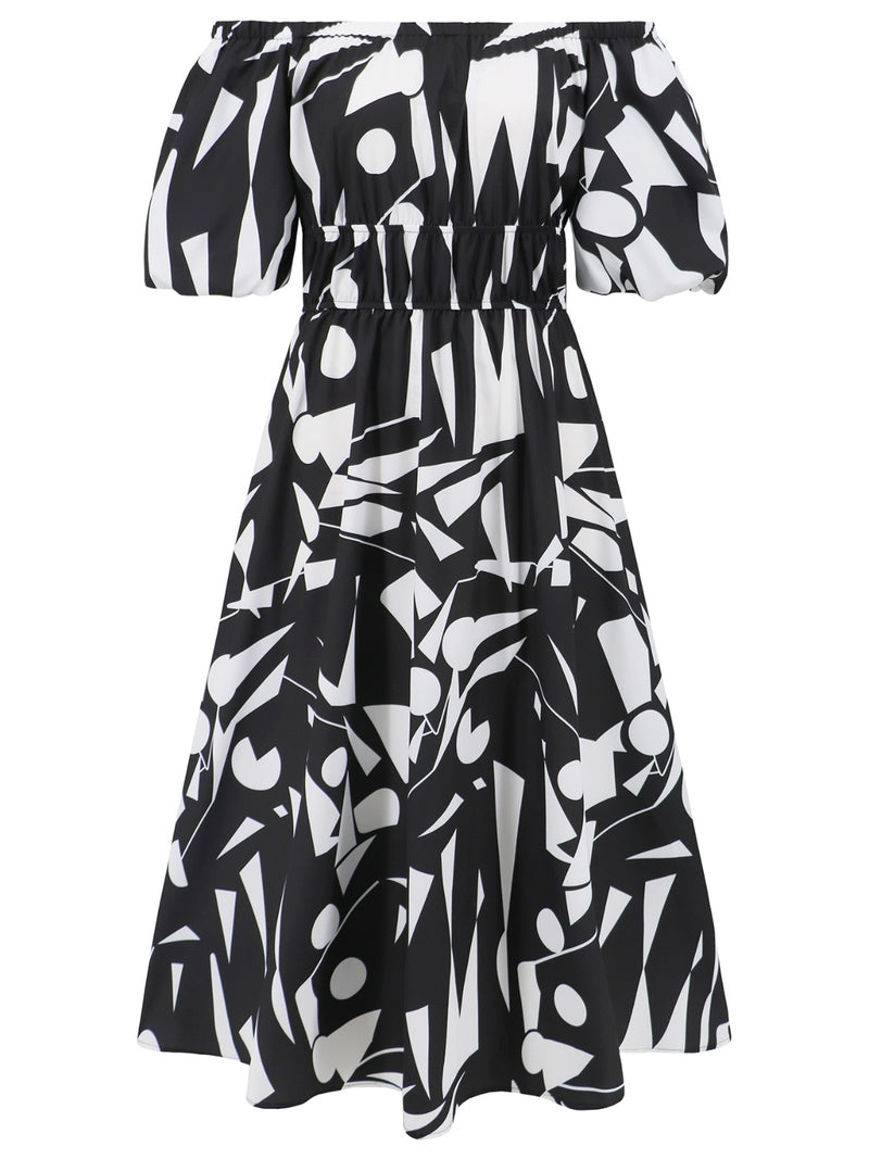 Printed Off-Shoulder Balloon Sleeve Dress Womens Midi Dress   