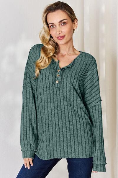Basic Bae Full Size Ribbed Half Button Long Sleeve T-Shirt - Three Mad Hatters Mercantile 