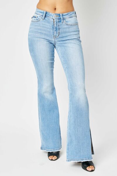 Judy Blue Mid Rise Raw Hem Slit Flare Jeans jeans Medium 1(25) 