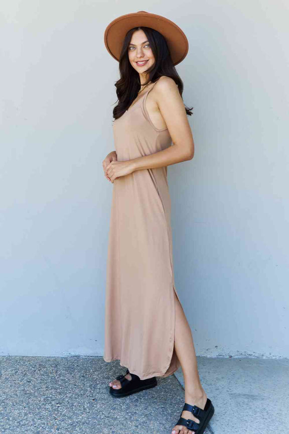 Ninexis Good Energy Full Size Cami Side Slit Maxi Dress in Camel Maxi Dress   