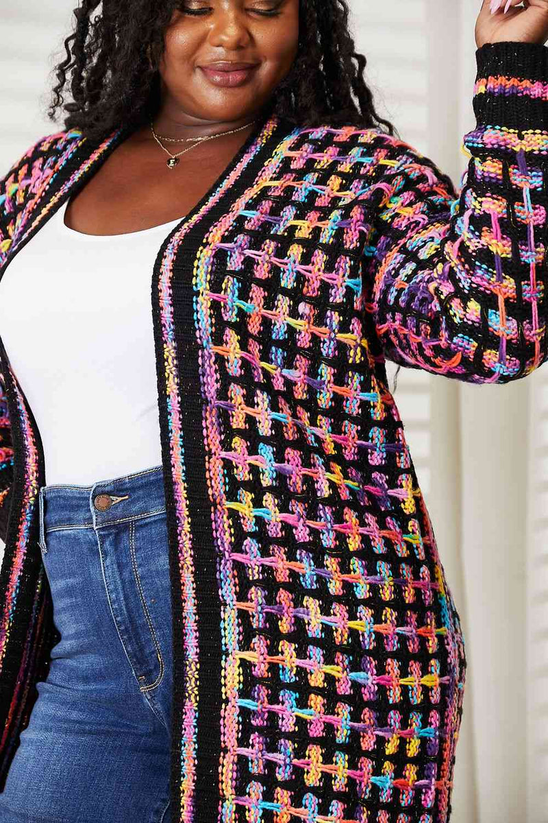 Double Take Multicolored Open Front Fringe Hem Cardigan Cardigan   