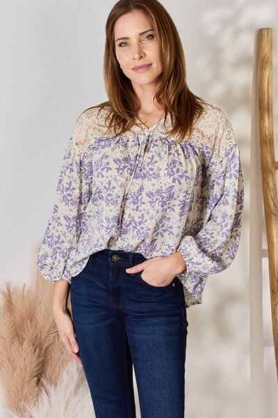 Hailey & Co Full Size Lace Detail Printed Blouse Long Sleeve Blouse LILAC S 