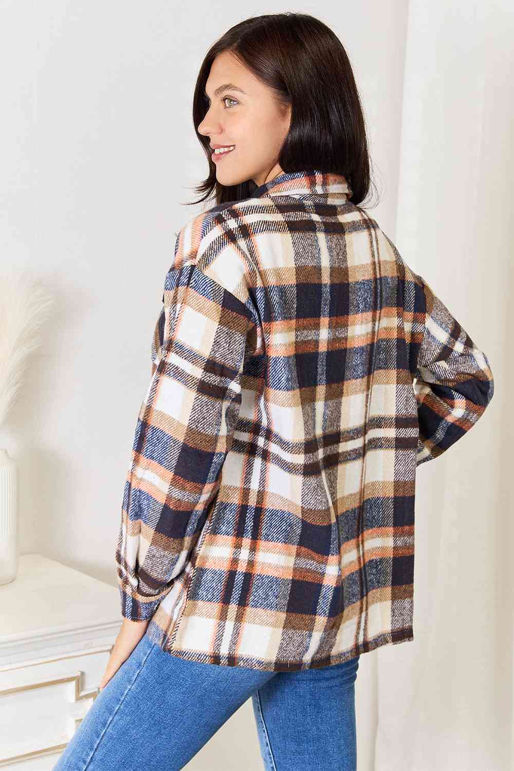 Double Take Plaid Button Front Shirt Jacket with Breast Pockets Shacket   