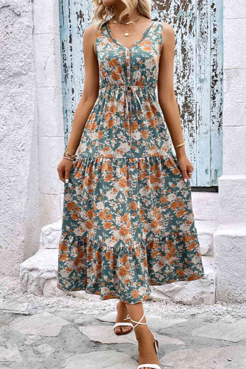 Floral V-Neck Tiered Sleeveless Dress Sleeveless Dress   