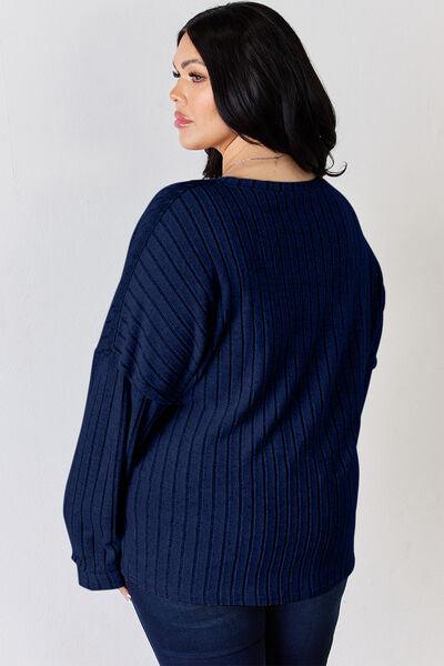 Basic Bae Full Size Ribbed Half Button Long Sleeve T-Shirt - Three Mad Hatters Mercantile 