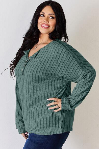 Basic Bae Full Size Ribbed Half Button Long Sleeve T-Shirt - Three Mad Hatters Mercantile 